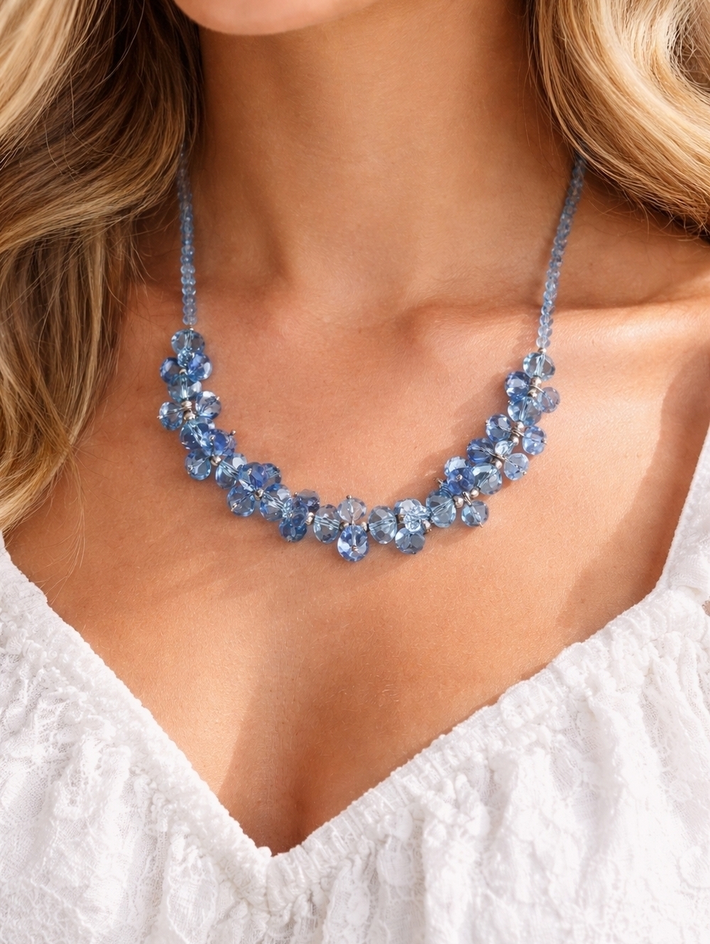 Vtg Blue Crystal Statement Necklace Beaded Bib Necklace Sparkly Wedding Guest - Picture 2 of 8